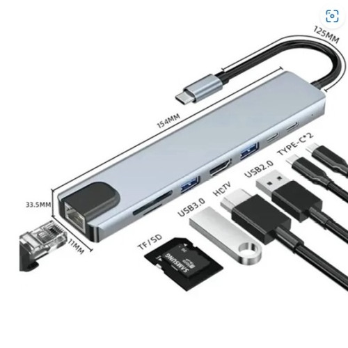 HUB TYPE C 8X1      USB C/RJ45/USB 3.0/HDMI/CARTAO