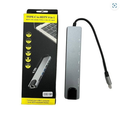 HUB TYPE C 8X1      USB C/RJ45/USB 3.0/HDMI/CARTAO